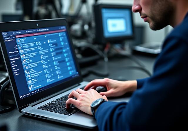 Tecnico specializzato che lavora su laptop per la rimappatura di una centralina elettronica, con strumenti specifici in background