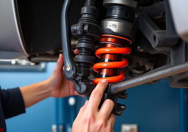 Installazione di sospensioni regolabili ad alte prestazioni su un'auto sportiva, con meccanici al lavoro