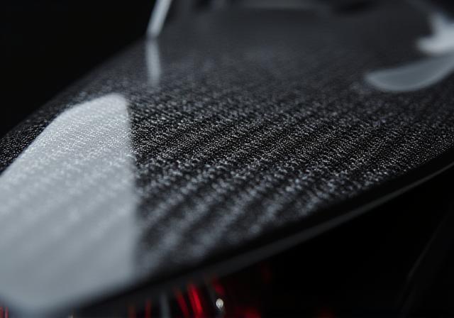Dettaglio ravvicinato di un alettone posteriore in fibra di carbonio lucido, che mostra la trama del materiale